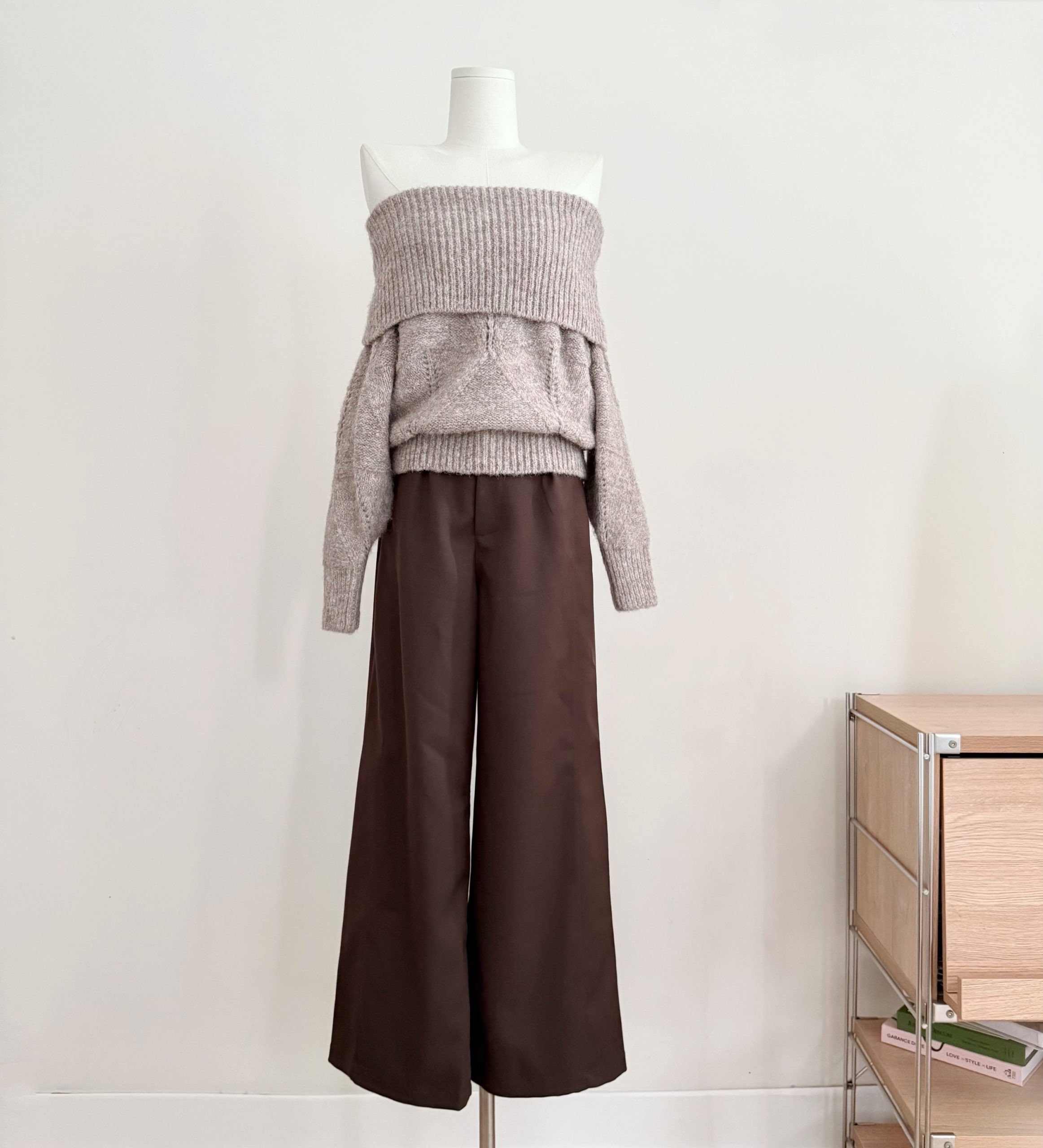 MAXMENT Autumn Warm Chestnut Lazy Off-Shoulder Mohair Knit Sweater and Pants Set