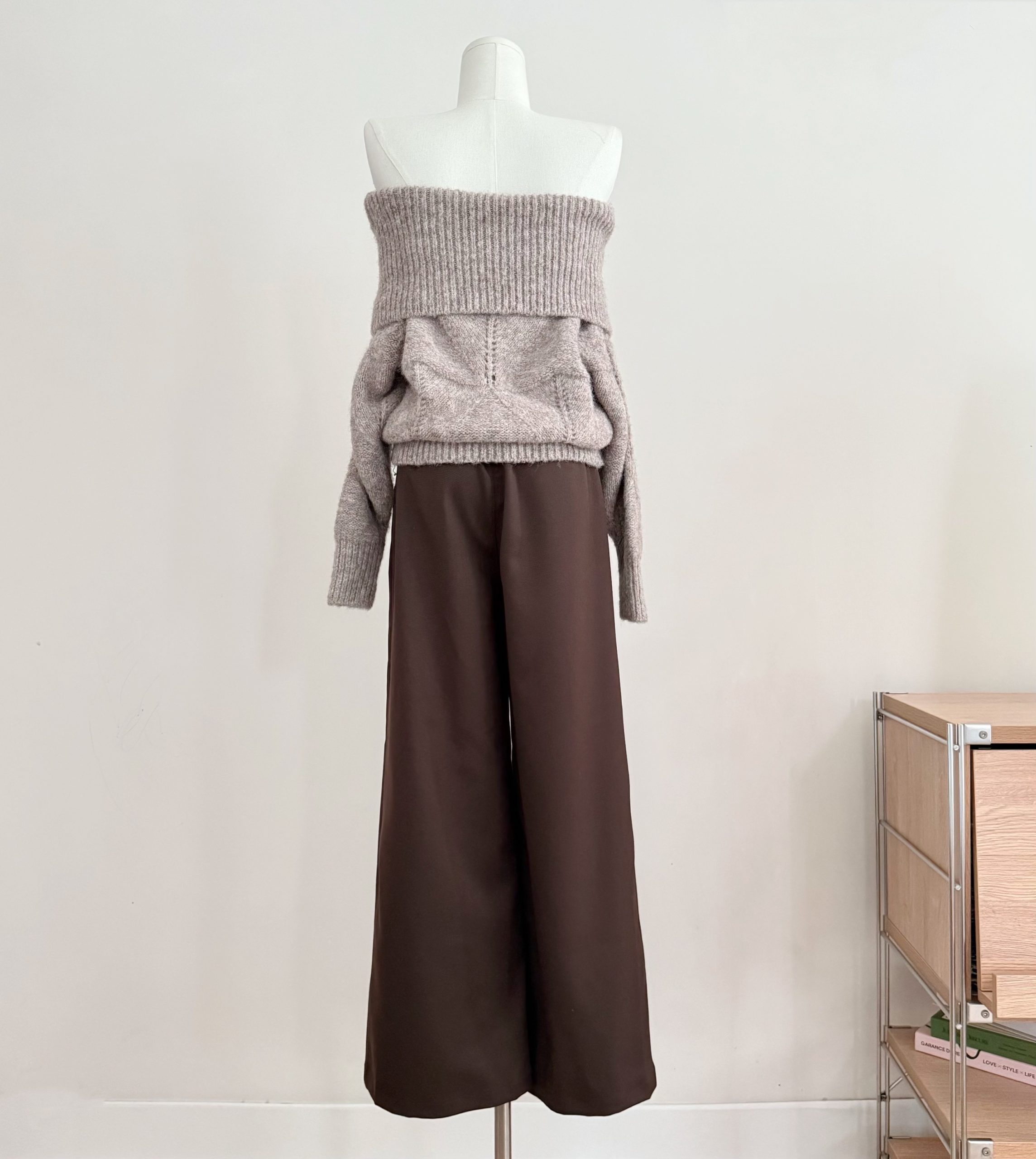 MAXMENT Autumn Warm Chestnut Lazy Off-Shoulder Mohair Knit Sweater and Pants Set - Image 2
