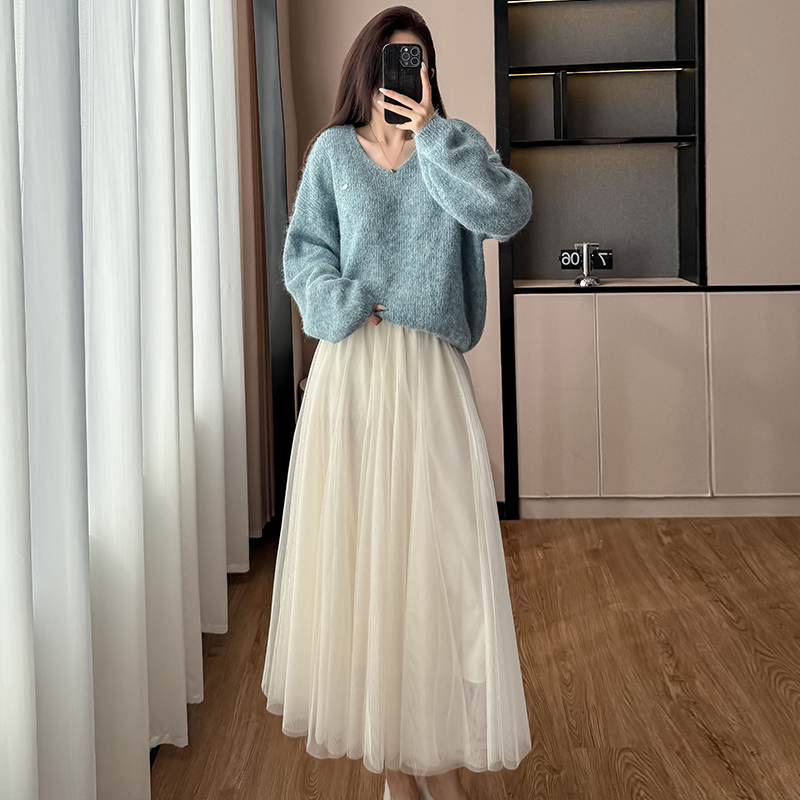 High Waist A-Line Apricot Mesh Fairy Skirt Women's Small Fragrance Style Knit Sweater Two-Piece Set - Image 2