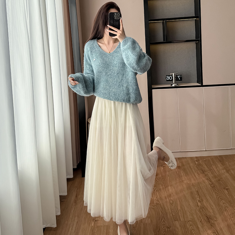 High Waist A-Line Apricot Mesh Fairy Skirt Women's Small Fragrance Style Knit Sweater Two-Piece Set - Image 3