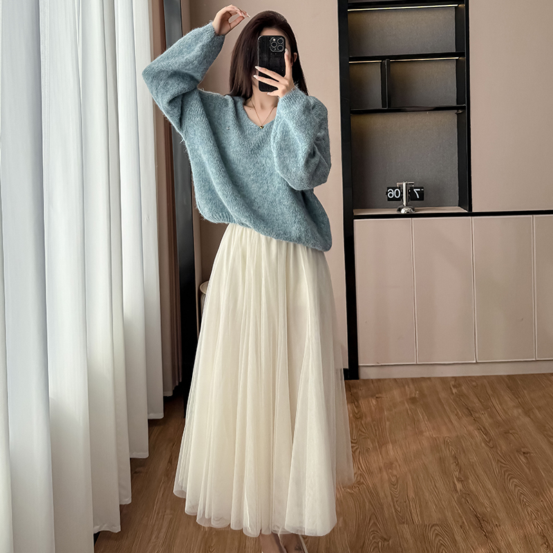 High Waist A-Line Apricot Mesh Fairy Skirt Women's Small Fragrance Style Knit Sweater Two-Piece Set - Image 5