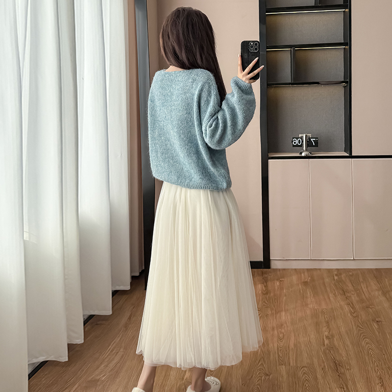 High Waist A-Line Apricot Mesh Fairy Skirt Women's Small Fragrance Style Knit Sweater Two-Piece Set - Image 4