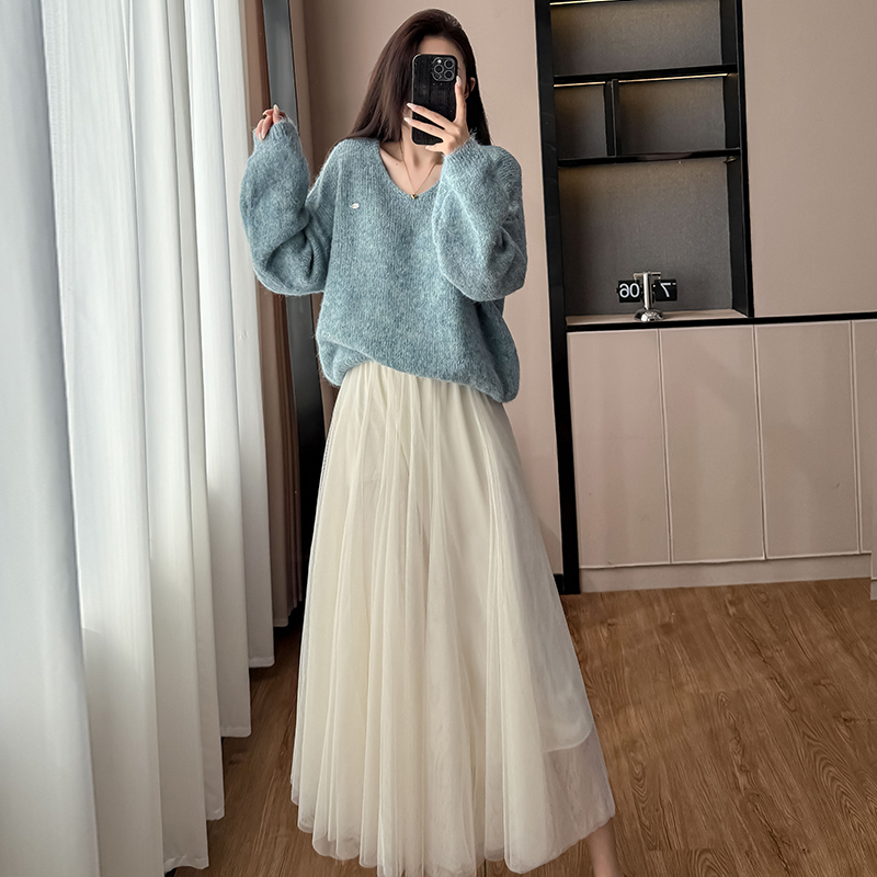 High Waist A-Line Apricot Mesh Fairy Skirt Women's Small Fragrance Style Knit Sweater Two-Piece Set