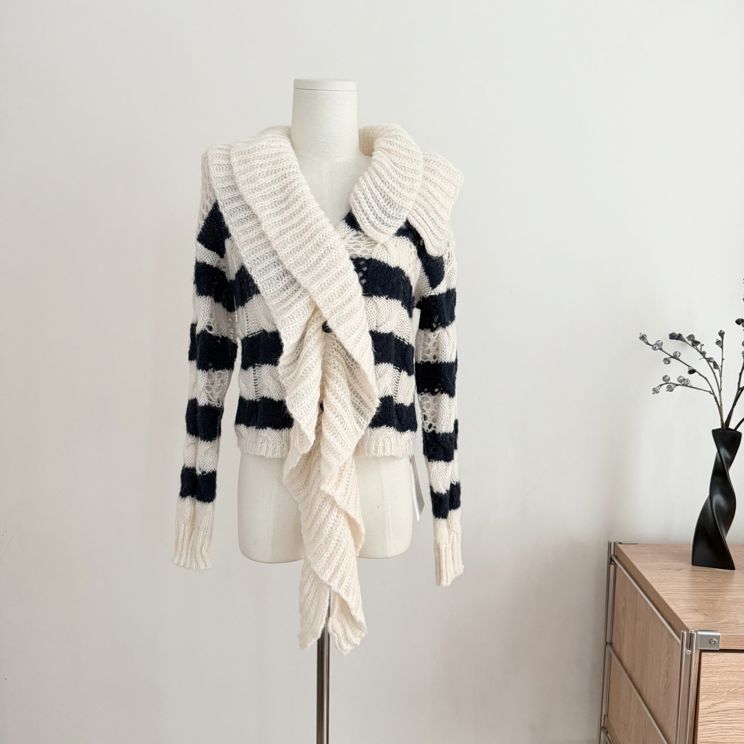 Chien diy Merino Wool Striped Knit Cardigan Sweater for Women