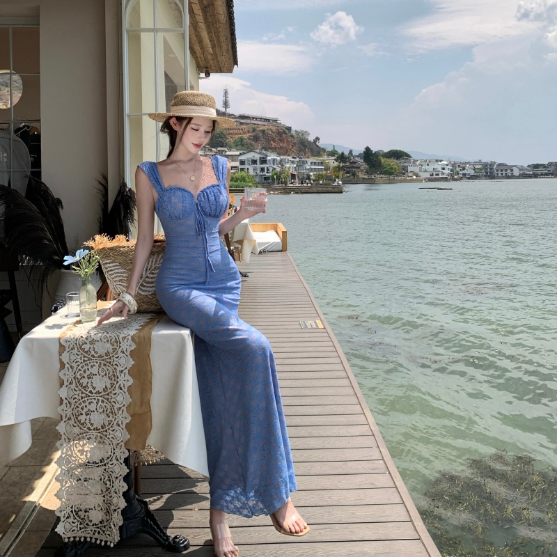 Blue Lace-Up Lace Cami Dress Women Summer Backless Bodycon Waist-Cinched Long Vacation Dress