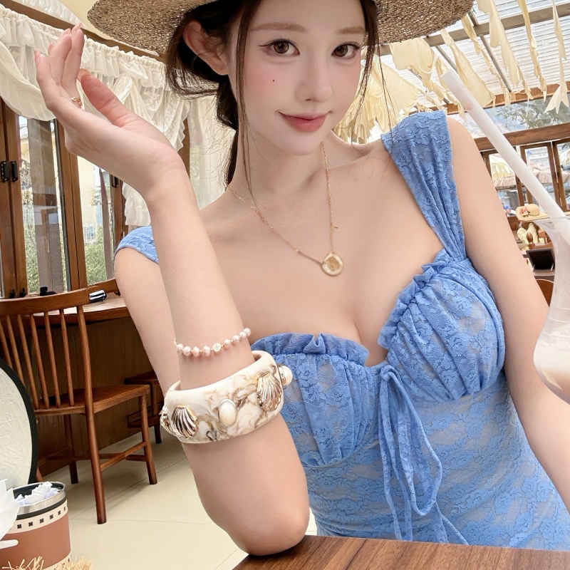 Blue Lace-Up Lace Cami Dress Women Summer Backless Bodycon Waist-Cinched Long Vacation Dress - Image 2
