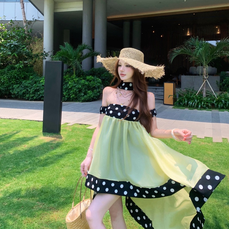2026 New French Style Polka Dot Mesh Strapless Dress Women Summer Beach Vacation Princess Puffy Dress