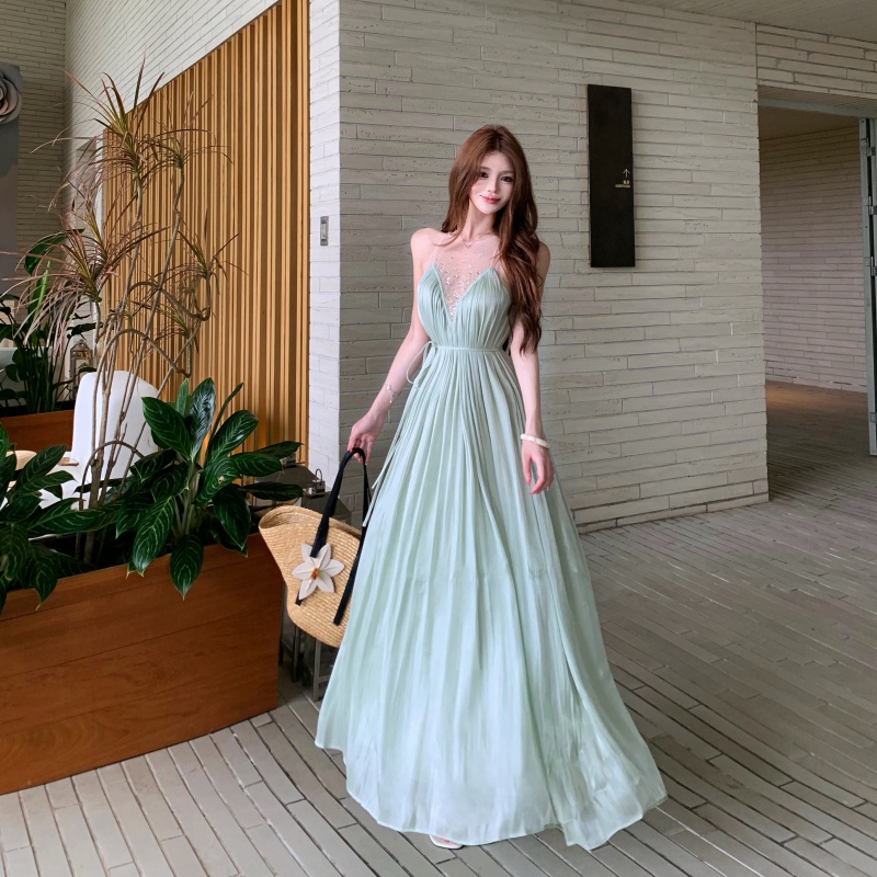 2026 Summer New Women's Sleeveless Green Dress Rhinestone Mesh Spliced Elegant Long Dress