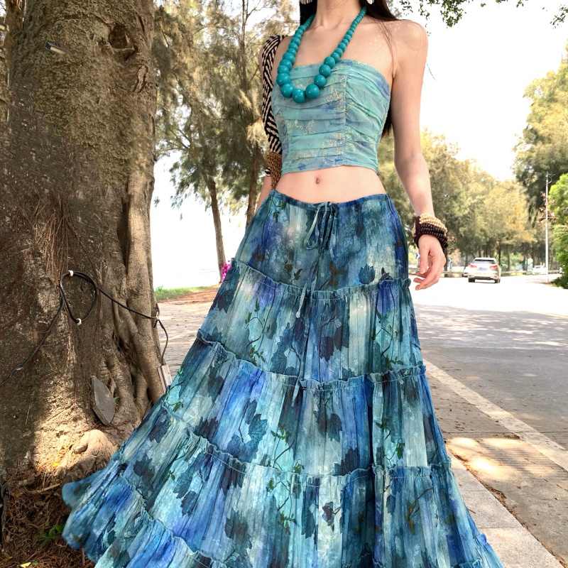 Blue Lotus Ethnic Style Ruched Tube Top and Tie-Dye Maxi Skirt Two-Piece Set - Style 9c6d3e