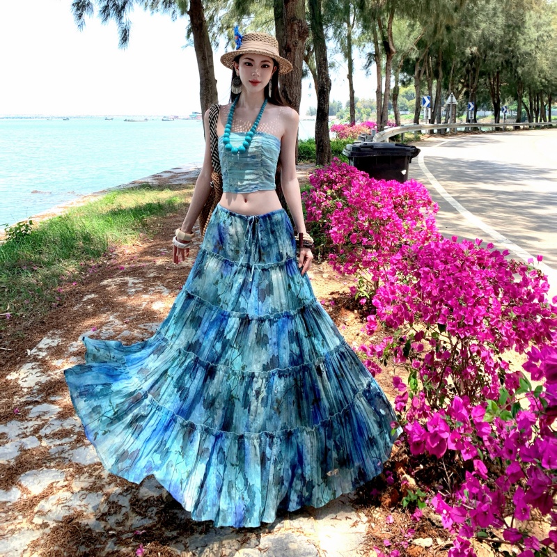 Blue Lotus Ethnic Style Ruched Tube Top and Tie-Dye Maxi Skirt Two-Piece Set - Style 9c6d3e - Image 2