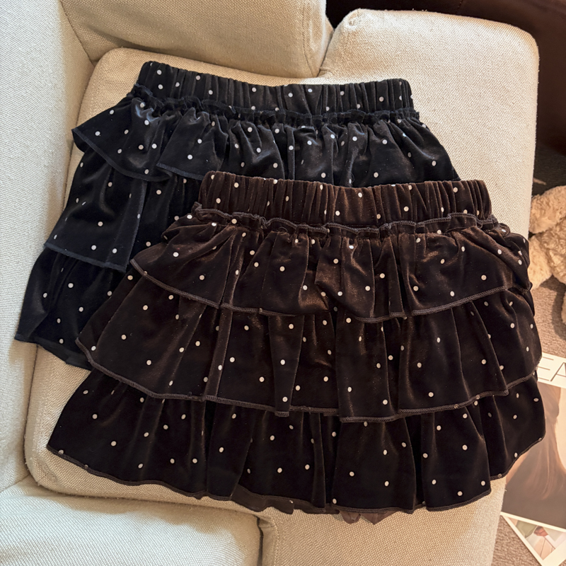 2026 Autumn Winter Polka Dot Velvet A-Line Skirt for Women High Waist Tiered Short Skirt - Style a6e96f