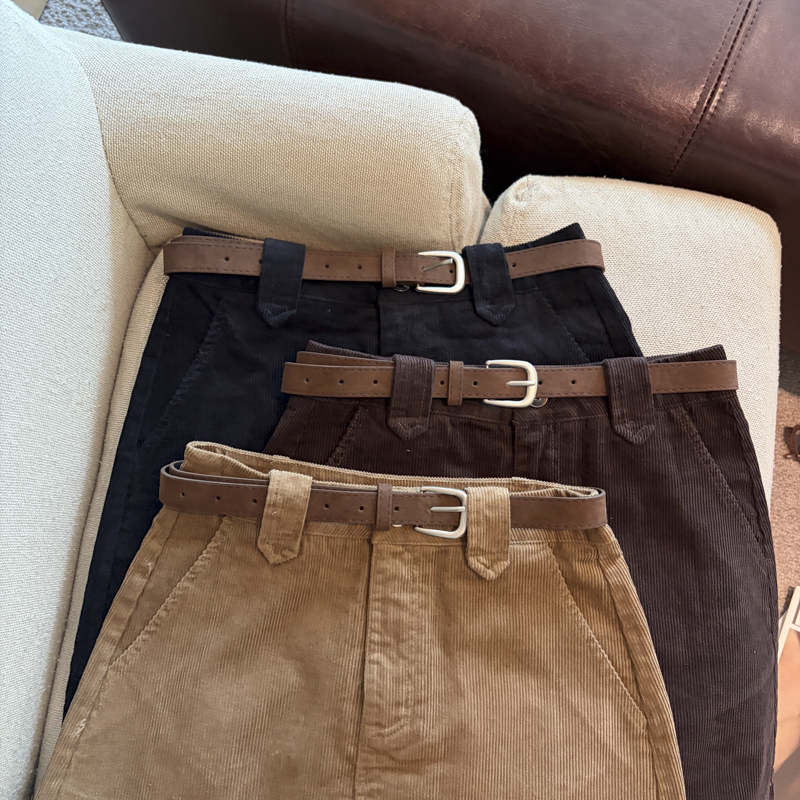 2026 Autumn Winter Retro Corduroy Solid High Waist A-Line Mini Skirt with Belt - Image 2