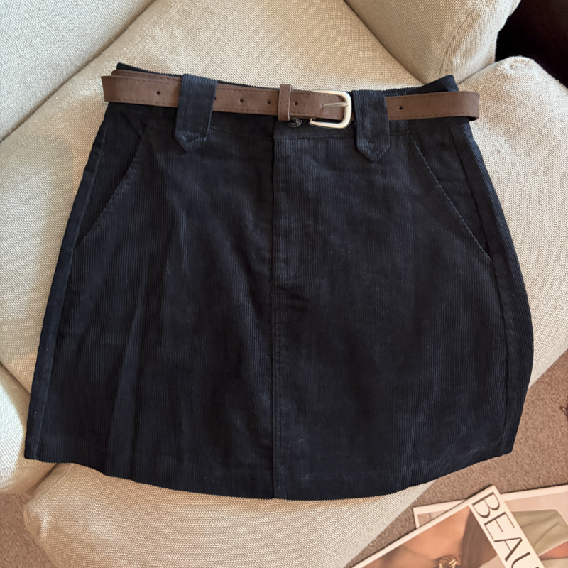 2026 Autumn Winter Retro Corduroy Solid High Waist A-Line Mini Skirt with Belt - Image 4