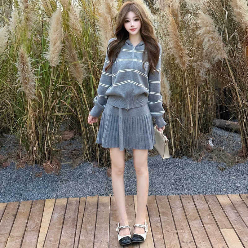 Striped Knit Hooded Cardigan Sweater and Pleated Skirt Two-Piece Set for Women - Image 3
