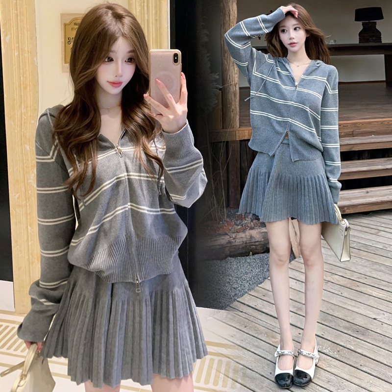 Striped Knit Hooded Cardigan Sweater and Pleated Skirt Two-Piece Set for Women - Image 2