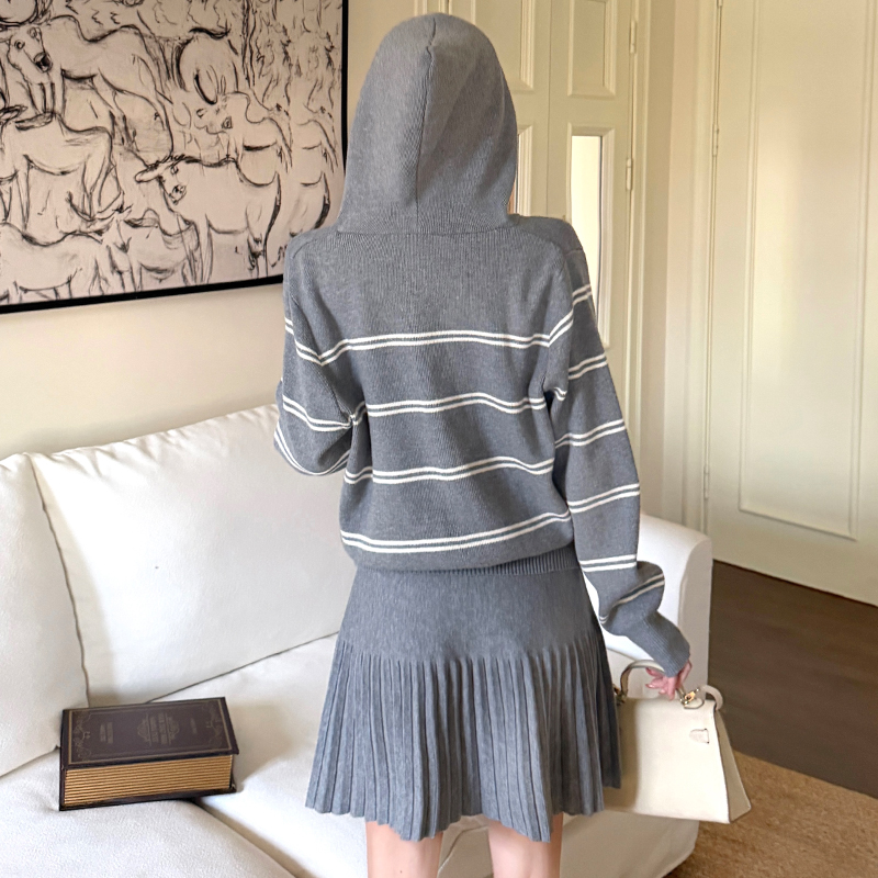 Striped Knit Hooded Cardigan Sweater and Pleated Skirt Two-Piece Set for Women - Image 4