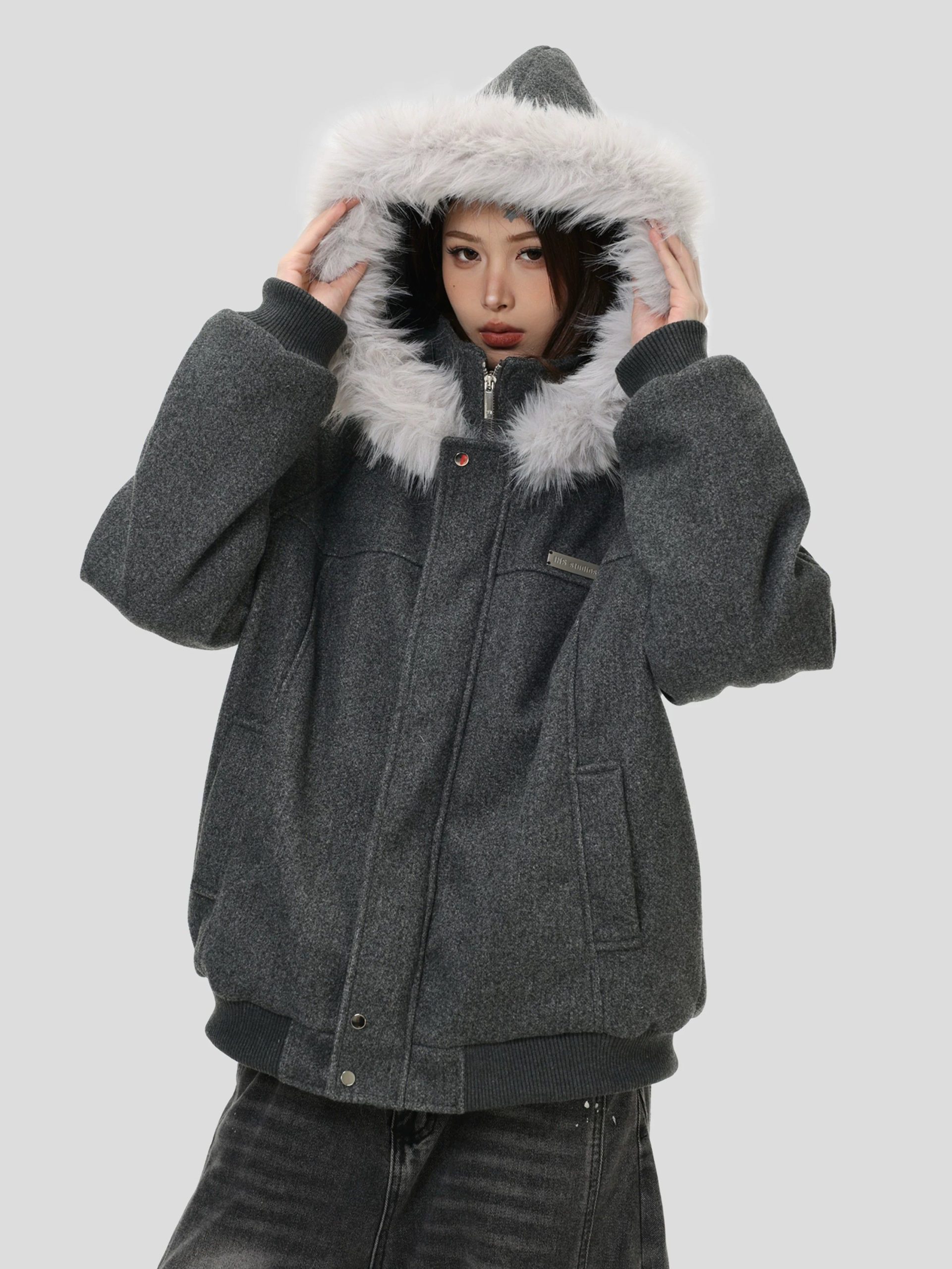 INSstudios American Retro Faux Fur Collar Padded Cotton Coat - Image 3