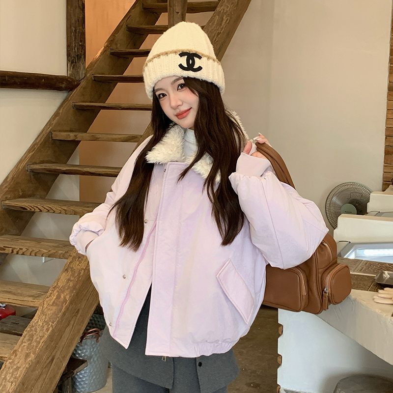 Korean Style Lamb Wool Collar Cotton Padded Jacket for Women Short 2026 Winter Warm Petite Thick Fit