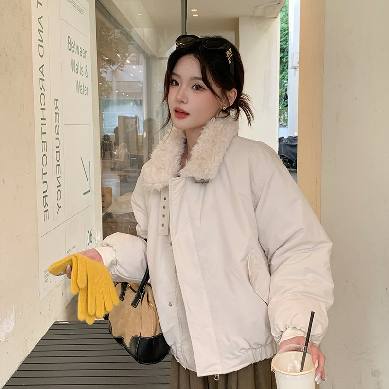 Korean Style Lamb Wool Collar Cotton Padded Jacket for Women Short 2026 Winter Warm Petite Thick Fit - Image 3