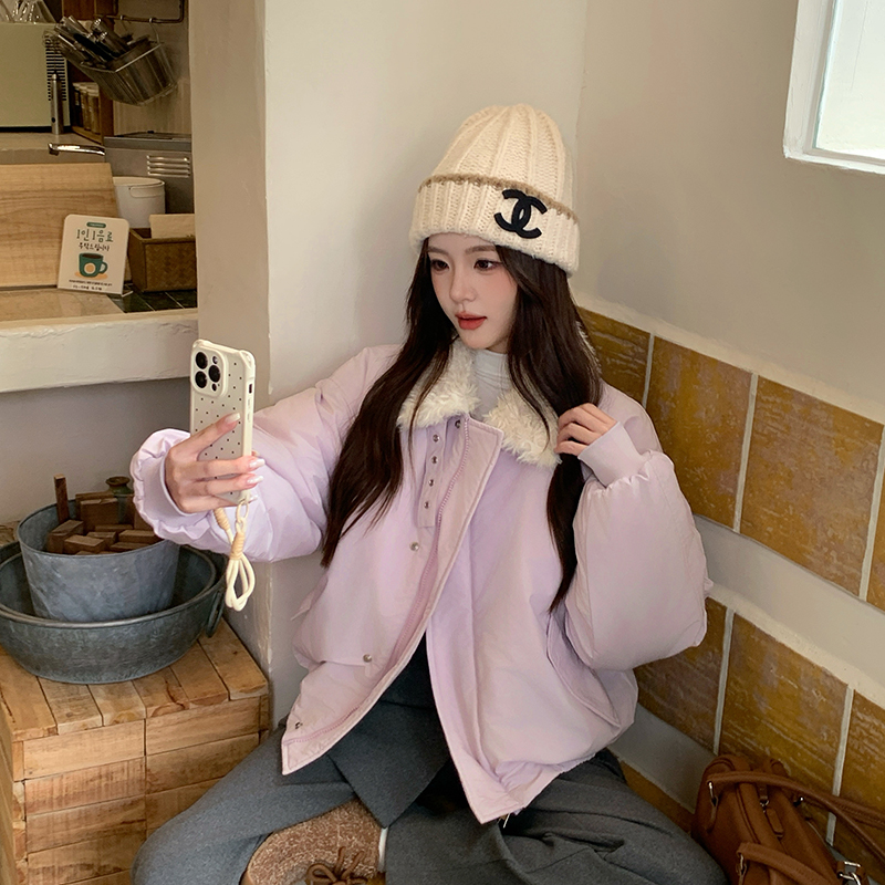 Korean Style Lamb Wool Collar Cotton Padded Jacket for Women Short 2026 Winter Warm Petite Thick Fit - Image 5