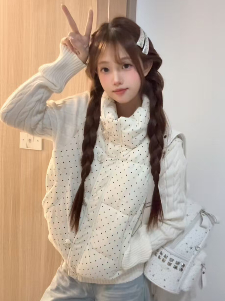 Korean Sweet Polka Dot Knit Spliced Long Sleeve Cotton Padded Jacket Women Winter Loose Thick Short Warm Bread Coat