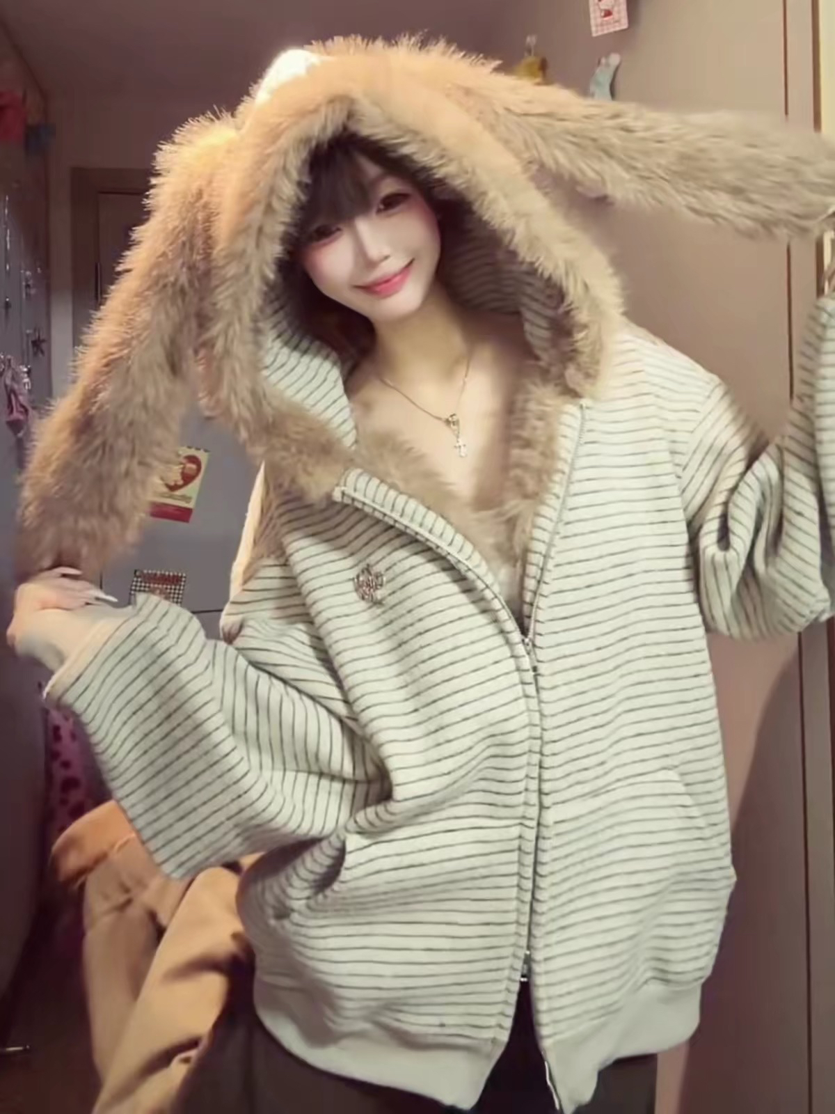 American Retro Striped Bunny Ear Fleece Cardigan Cotton Coat Women Winter Hooded Fur Collar