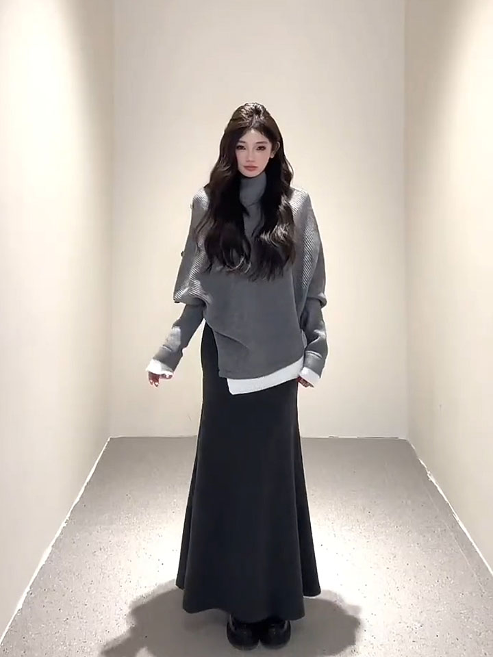 Women's Winter Knit Sweater Set with High Neck Irregular Cape Sweater and Elastic Waist Mermaid Skirt